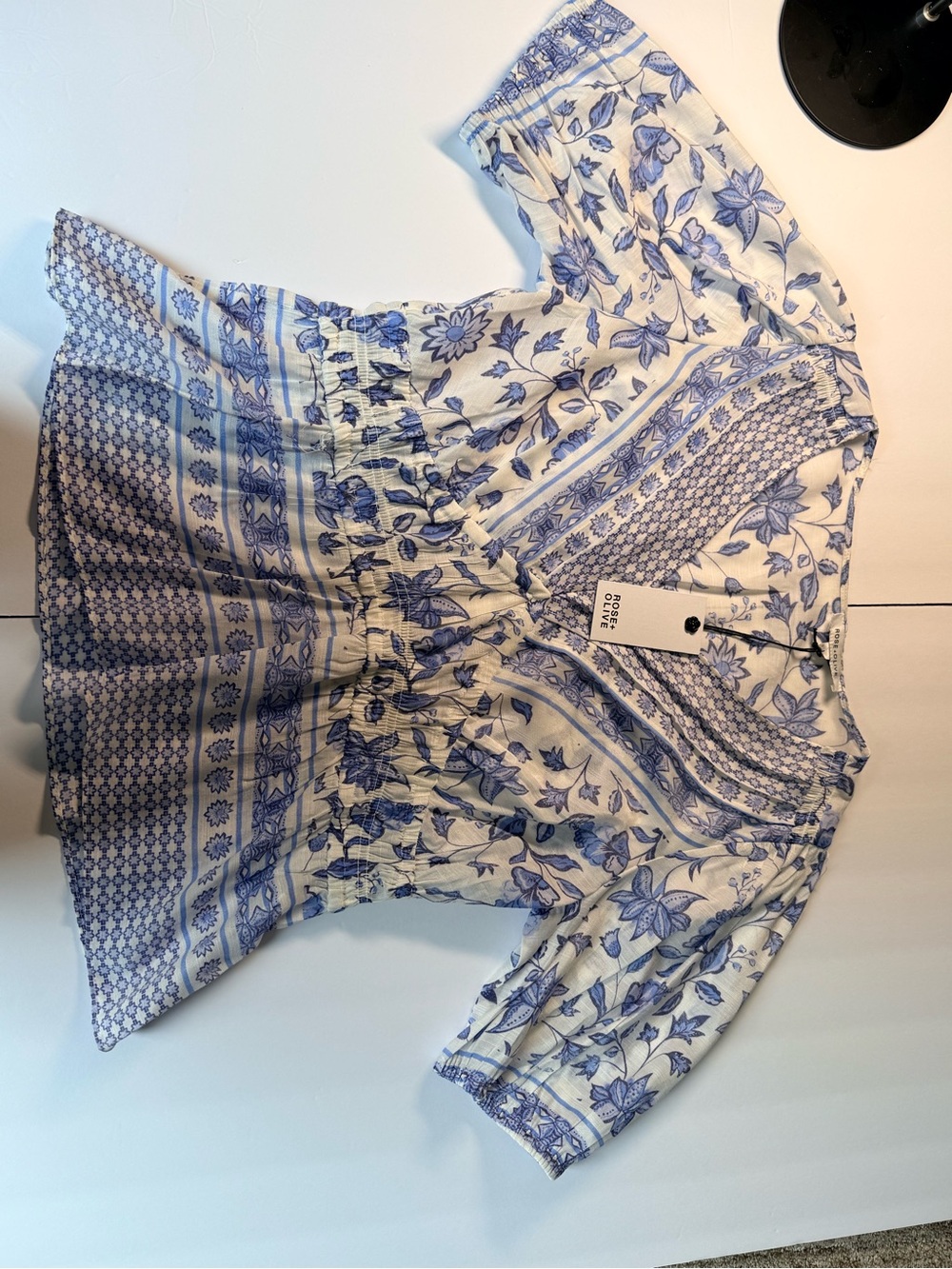 Rose & Olive Blue Floral Smocked Peplum Blouse NWT - Picture 3 of 6